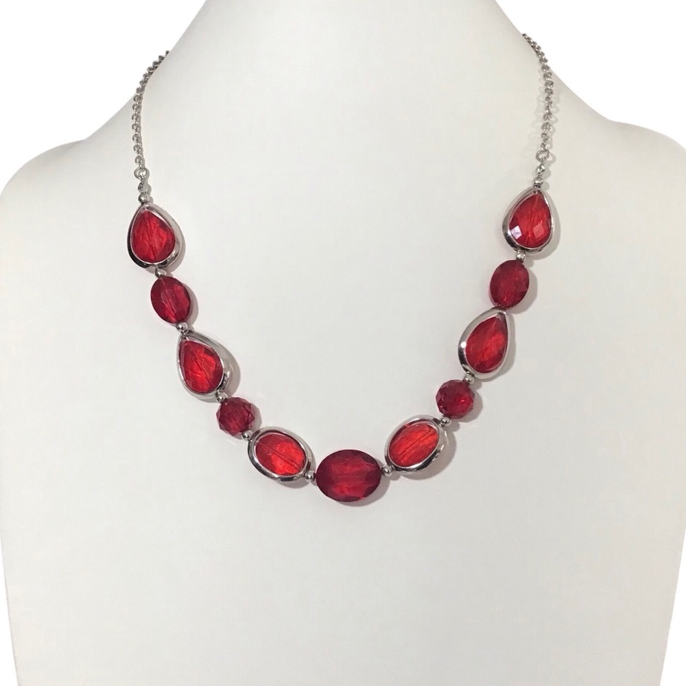 Ruby Red Necklace Silver Tone Chain Fashion Costume Jewelry
